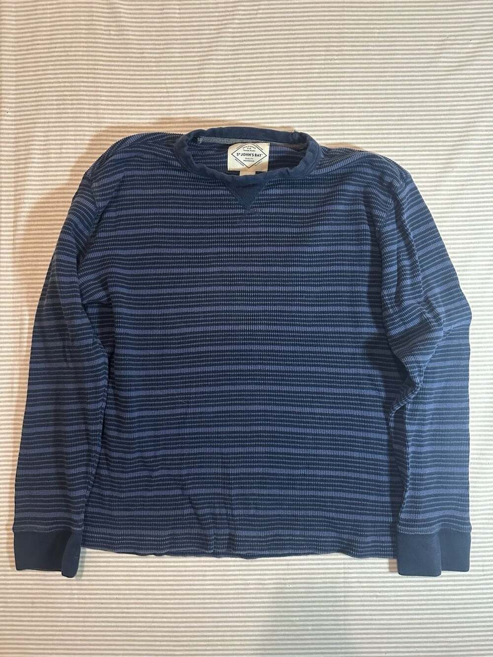 St John's Bay Striped Waffle Knit Thermal Long Sleeve Shirt Blue Size L